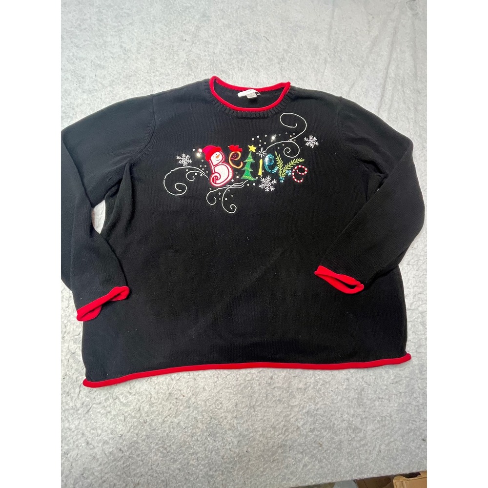 CJ Banks Womens 2X Christmas Sweater Black Red Believe Snowman Sequin Knit Top